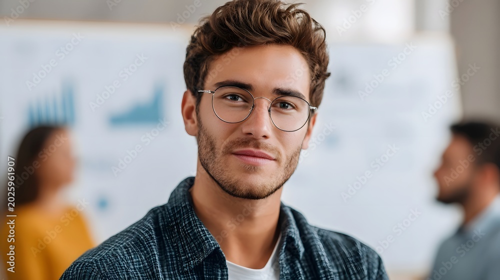 Fototapeta premium A professional man wearing glasses and a collared shirt is captured in a focused portrait