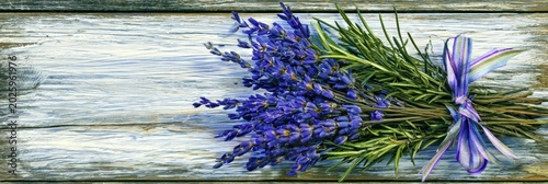 french countryside postcard, french rustic postcard template with a bouquet of dried lavender and rosemary on a wooden table smooth wood grain left for text