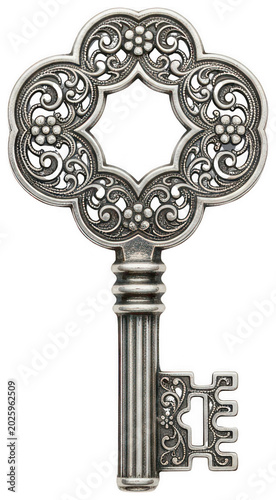 Ornate vintage silver skeleton key featuring intricate filigree patterns isolated transparent background image