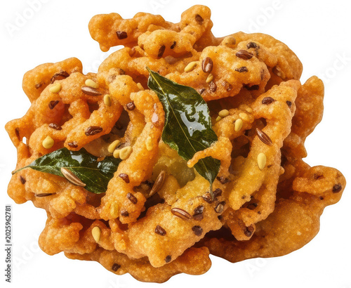 Golden crunchy savory Indian snack mixture piled high, seasoned with aromatic isolated transparent background image