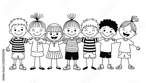 Line art illustration of diverse children holding hands in a group