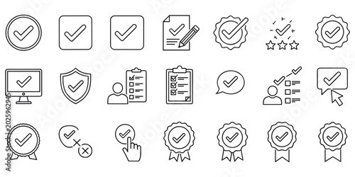 Quality assurance and verification line icon set for business approval process and check system