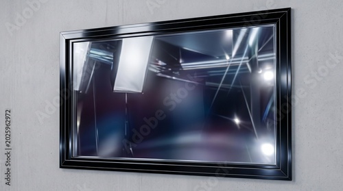 Modern framed reflective panel on a clean wall, showcasing abstract light patterns and interior reflections within its glossy surface, creating a contemporary design element