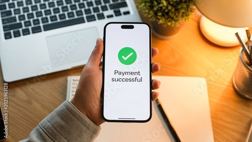 Person holding smartphone displaying payment successful screen with work desk in the background.