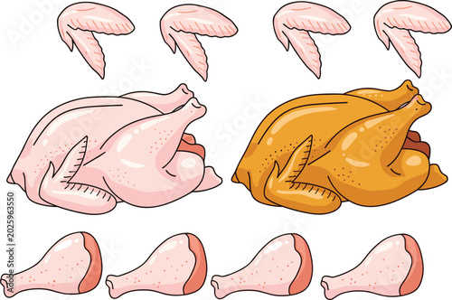 Schilderij op canvas Hand drawn sketch style roasted chicken vector illustration pack with whole cook