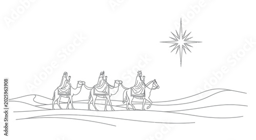 Foto Three wise men on camels with star line art silhouette