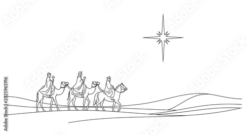 Tableau sur toile Three wise men on camels with star linear drawing silhouette