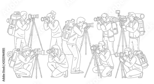 Obraz na plátně Group of photographers with cameras and equipment line art silhouette