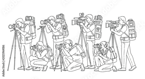 Obraz na płótnie Group of photographers and videographers with equipment line art silhouette