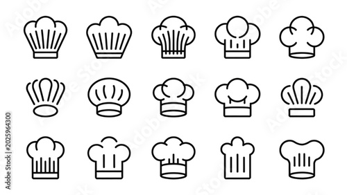Set of twelve chef hats and cooking headwear icons in black and white Vector