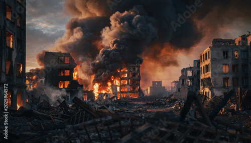 War-torn city with burning buildings and heavy smoke in ruins