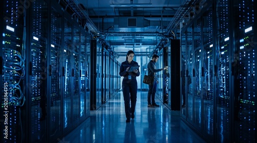 Dedicated IT professionals working in a futuristic data center, ensuring seamless connectivity and secure big data management for global digital infrastructure