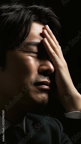 暗闇の中で頭に手を当てて激しい頭痛やストレスに耐える男性（50文字）