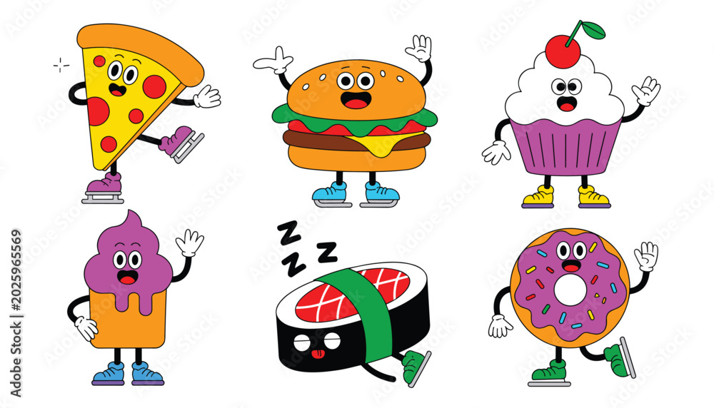 Fototapeta premium Cartoon food characters on ice skates whimsical illustration set