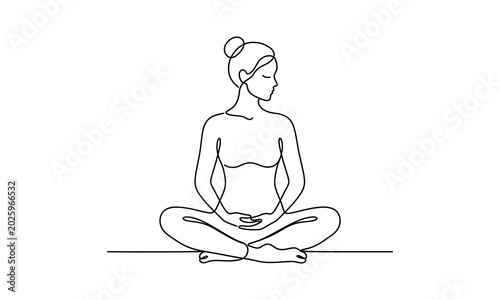 Woman sitting in meditation pose with hands resting on knees isolated on transparent background, Vector, illustration one line silhouette vector image editable