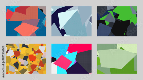 Abstract Geometric Collage Set Colorful Fragmented Shapes Halftone Patterns Digital Art
