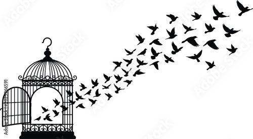 Foto Flock of birds flying out of an open cage silhouette isolated on a white backgro