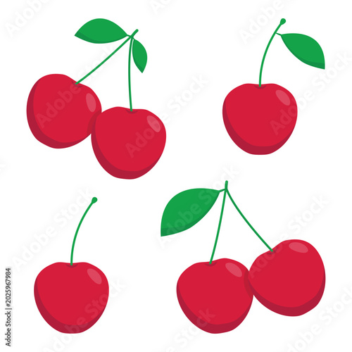 Illustration of Four Bright Red Cherries with Stems and Green Leaves, Arranged in Pairs and Singles. Ideal for Culinary, Confectionery and Fruit Themes.