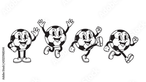 Vintage Cartoon Soccer Ball Characters in Rubber Hose Style