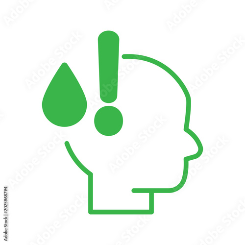 Minimal blood pressure warning icon featuring human head silhouette with blood drop and exclamation mark. Healthcare and medical alert symbol isolated on gray background suitable for health awareness 