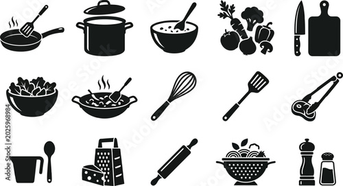 Photos Black and white kitchen utensils and food including pots, pans, cutting boards,