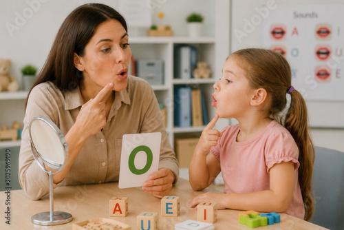 A teacher is helping a child learn sounds and letters. They are sitting at a table with letter blocks. The teacher shows a card while the child imitates her. There is a mirror on the table.