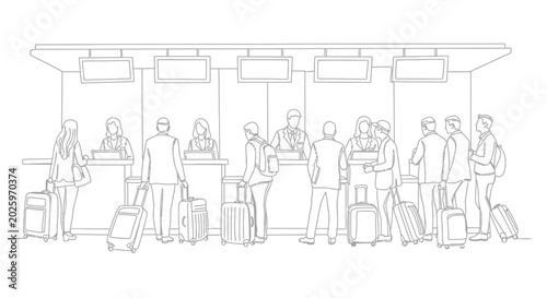 airport check in counter with passengers and staff line silhouette