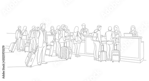 people queuing at airport check in desk line with luggage silhouette