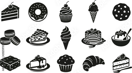 Photos Black and white of assorted desserts, including cakes, cupcakes, and pastries sw