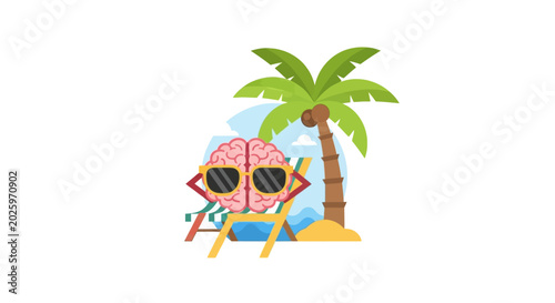 Mental Health Concept Illustration of a Brain Relaxing on a Beach Chair under a Palm Tree