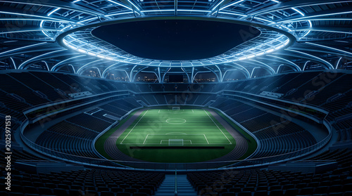 Modern empty football stadium at night with bright floodlights