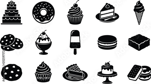 Schilderij op canvas Black and white of assorted desserts, including cakes, cupcakes, cookies, and ic