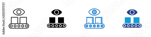 Production Monitoring Multiple Style Icon Design Vector - Eye above conveyor packages representing production monitoring, visual inspection, and warehouse quality control