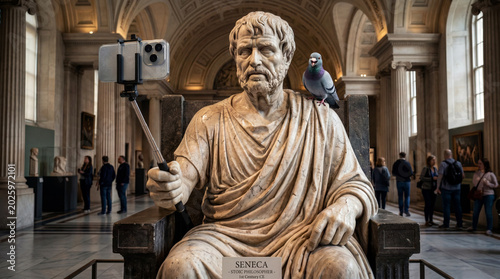 A marble statue of Seneca holding a smartphone on a selfie stick with a pigeon perched on its shoulder inside a museum gallery. Blurred visitors walk in the background.