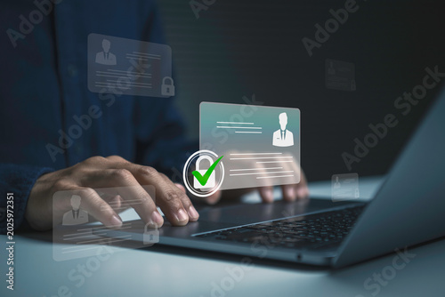 Obraz na plátne Digital identity verification on laptop person accessing secure online authentication for personal data protection cybersecurity encrypted login and privacy compliance