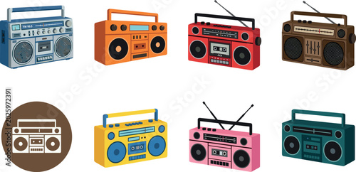 Photos Vintage Boombox and Retro Radio Vector Set Featuring Portable Cassette Players,