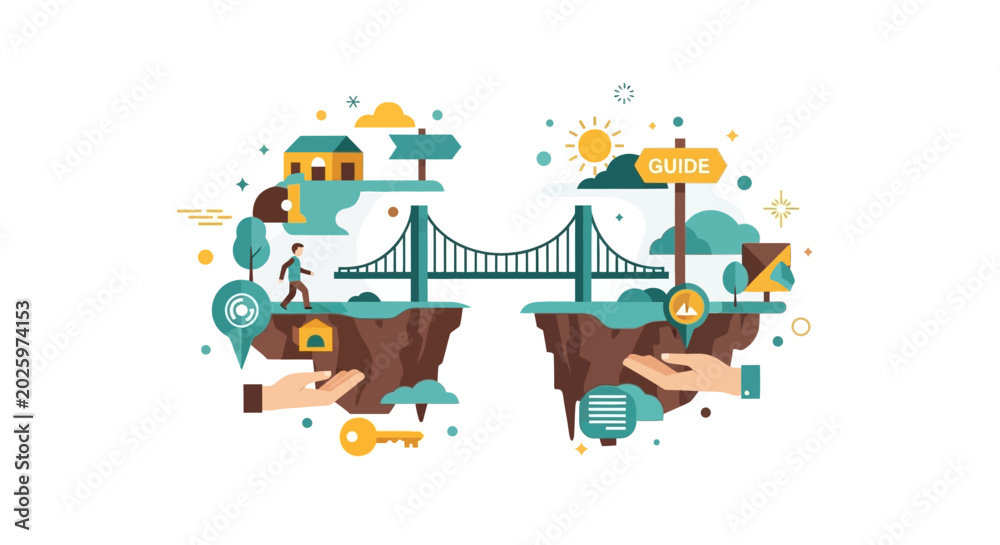 Naklejka premium Conceptual Flat Illustration of a Bridge Connecting Floating Islands Symbolizing Growth, Career Guidance, and Business Strategy Solutions