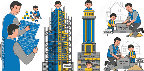 Building a future together Father and son construct a symbolic tower of dreams and achievements