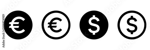 Konstfotografi Dollar Euro Icon Set, Bank Coin Cash Pay Vector with Transparent Background