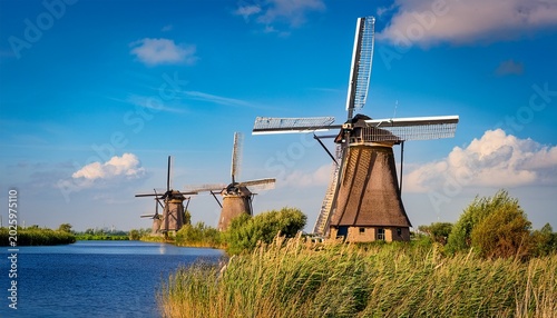 picturesque kinderdijk windmills against a vibrant blue sky on a sunny day