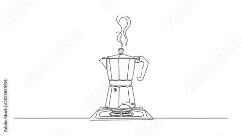 Continuous line drawing of a moka pot coffee maker on a stove.