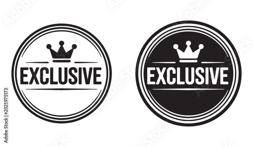 Two circular exclusive emblems with crown icons on a graphic background