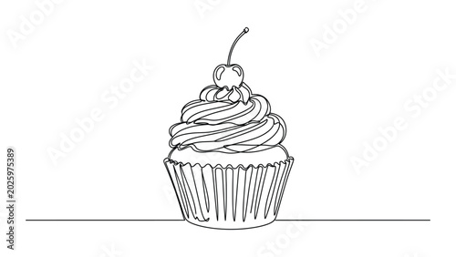 Continuous single line drawing of a sweet cupcake with cherry.