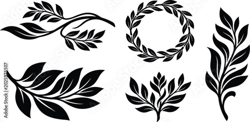 Elegant Botanical Leaf Silhouette Collection Featuring Floral Branches, Laurel Wreaths, and Decorative Nature Inspired Elements for Creative Vector Design Projects