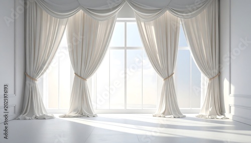 Elegant white curtains framing a bright window interior design background