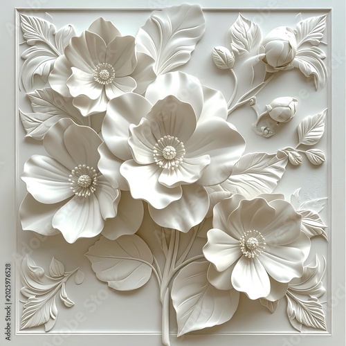 Elegant white floral relief sculpture with intricate details and textures