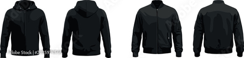 Foto Blank Black Hoodie and Bomber Jacket Mockup Vector Template Set with Front and B