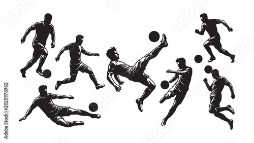 Schilderij op canvas Vector set of football player silhouettes performing various athletic maneuvers