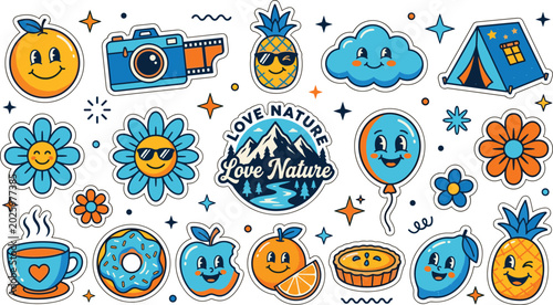Foto Retro groovy hippie sticker set featuring vintage 70s camping and summer element
