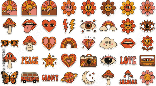 Retro groovy hippie sticker set with vintage 70s elements like mushrooms flowers rainbows hearts and psychedelic cartoon vector illustrations,